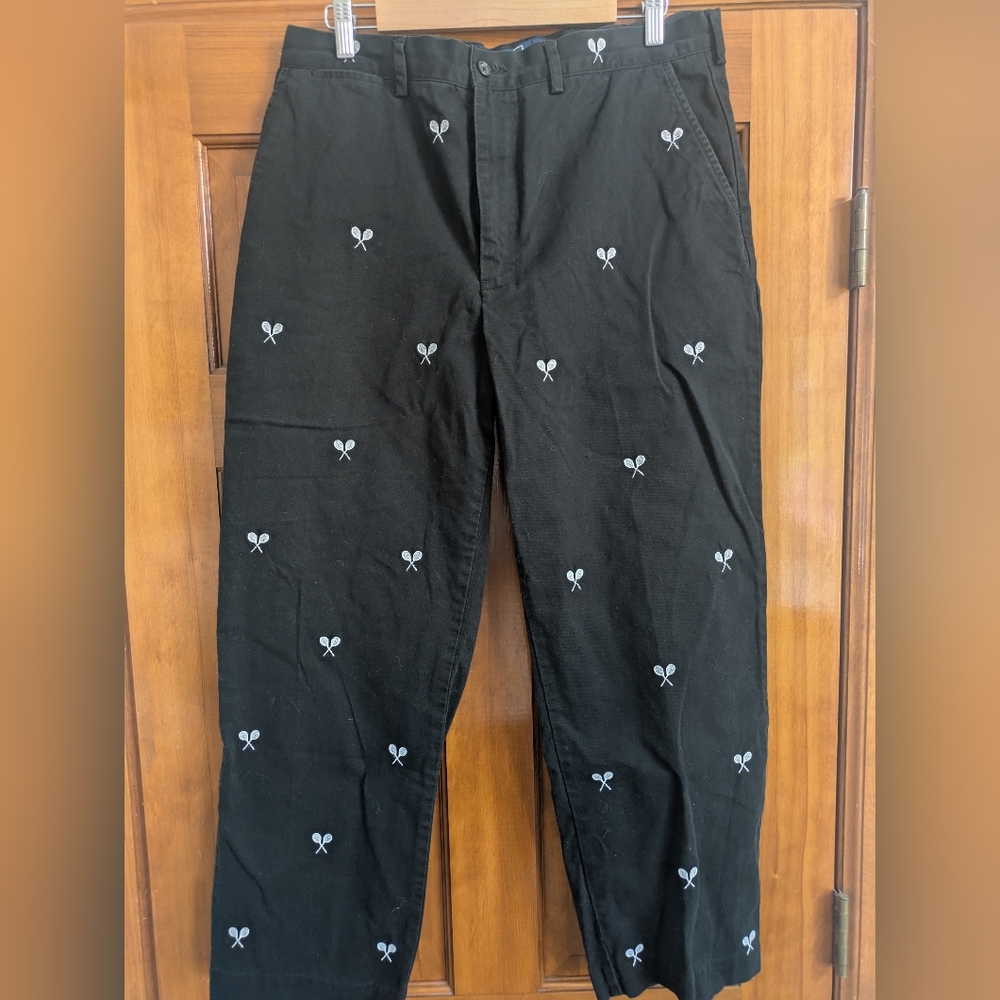 Ralph Lauren Black Chinos with White Tennis Racquet Embroidery